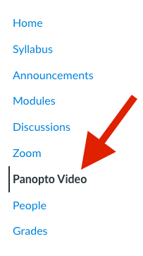 A Canvas course menu with an arrow pointing to Panopto Video.
