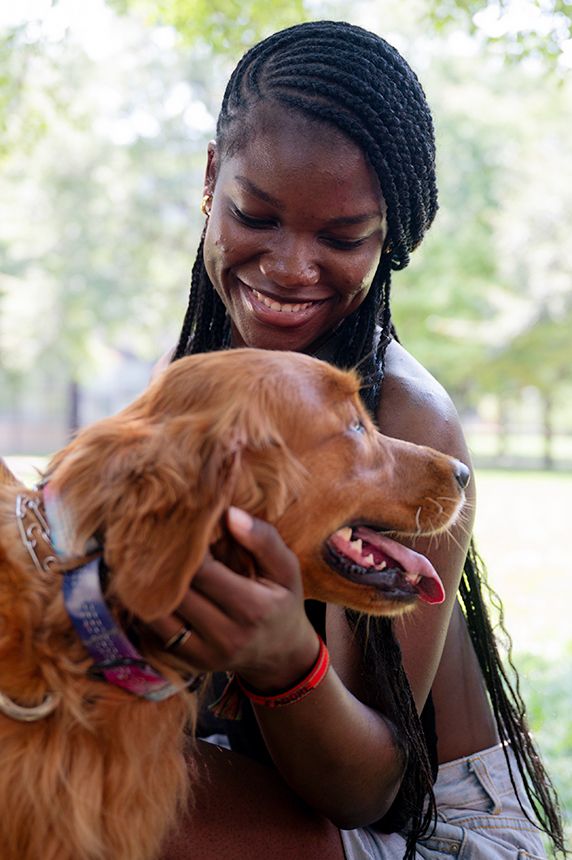 An Illinois Tech student pets a dog during Welcome Week