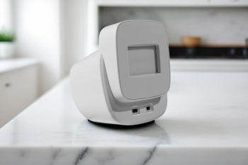 A white electronic device sits on a marble table in a kitchen.