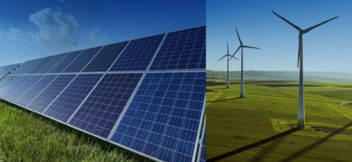 Photo showing solar panels on one side and wind turbines on the other side