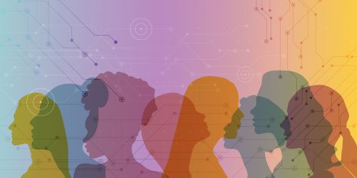 tech rainbow background with women's silhouettes 