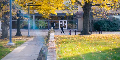 An Illinois Tech student walks on Illinois Tech's Mies Campus