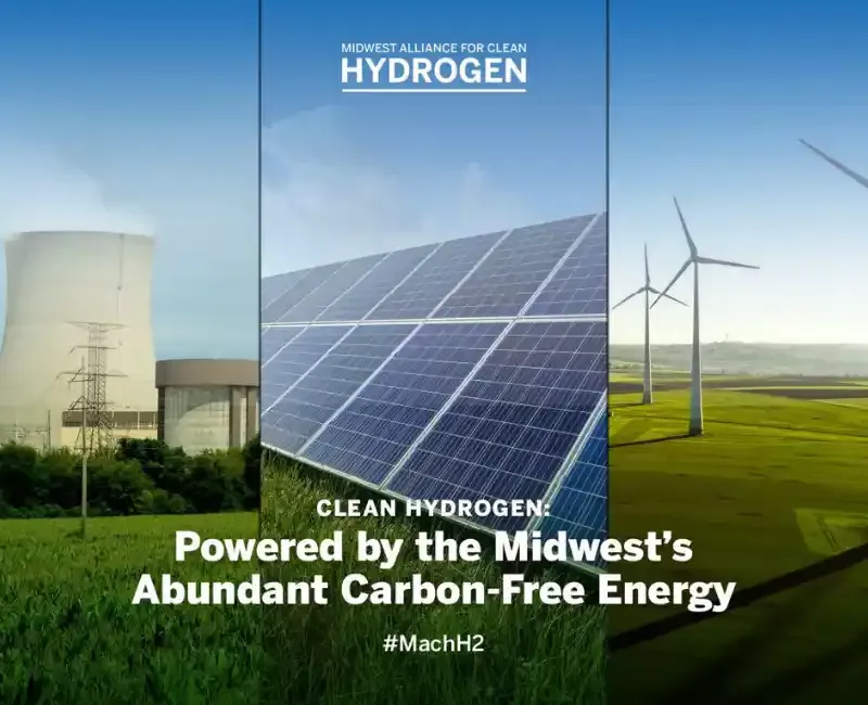 3 panel graphic showing solar panels and wind turbines with text mentioning Midwest abundant carbon-free energy MachH2